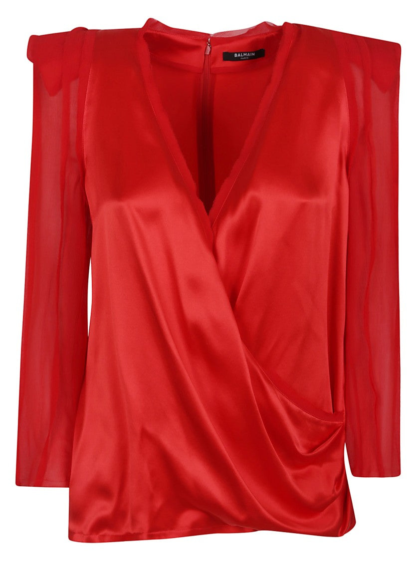 Balmain Silk Wrap Top With Sheer Flowing Sleeves
