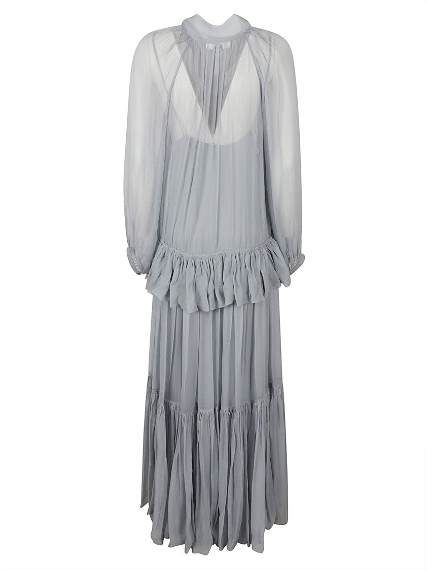 Chloé Delicate Grey Silk Midi Dress With Sheer Sleeves