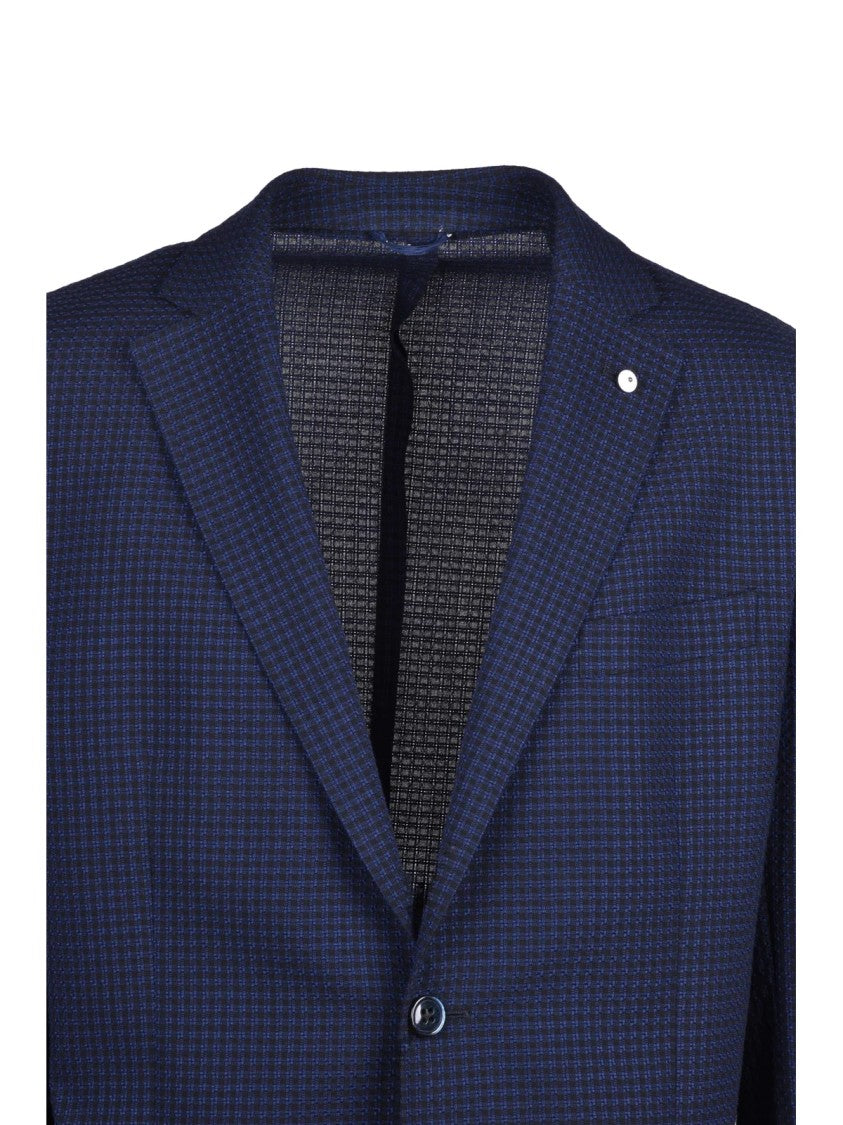 L.B.M. 1911 Blue Structured Deep Checkered Wool-Blend Blazer