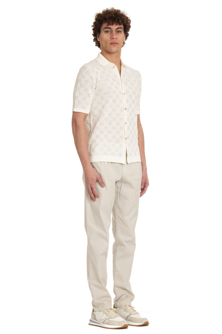 Eleventy Short-Sleeved White Checkered Polo Shirt With Mother-Of-Pearl Buttons