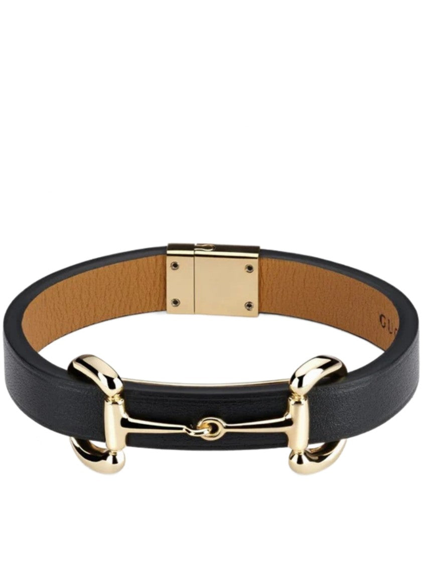 Gucci Black Horsebit Detail Leather Clasp Bracelet