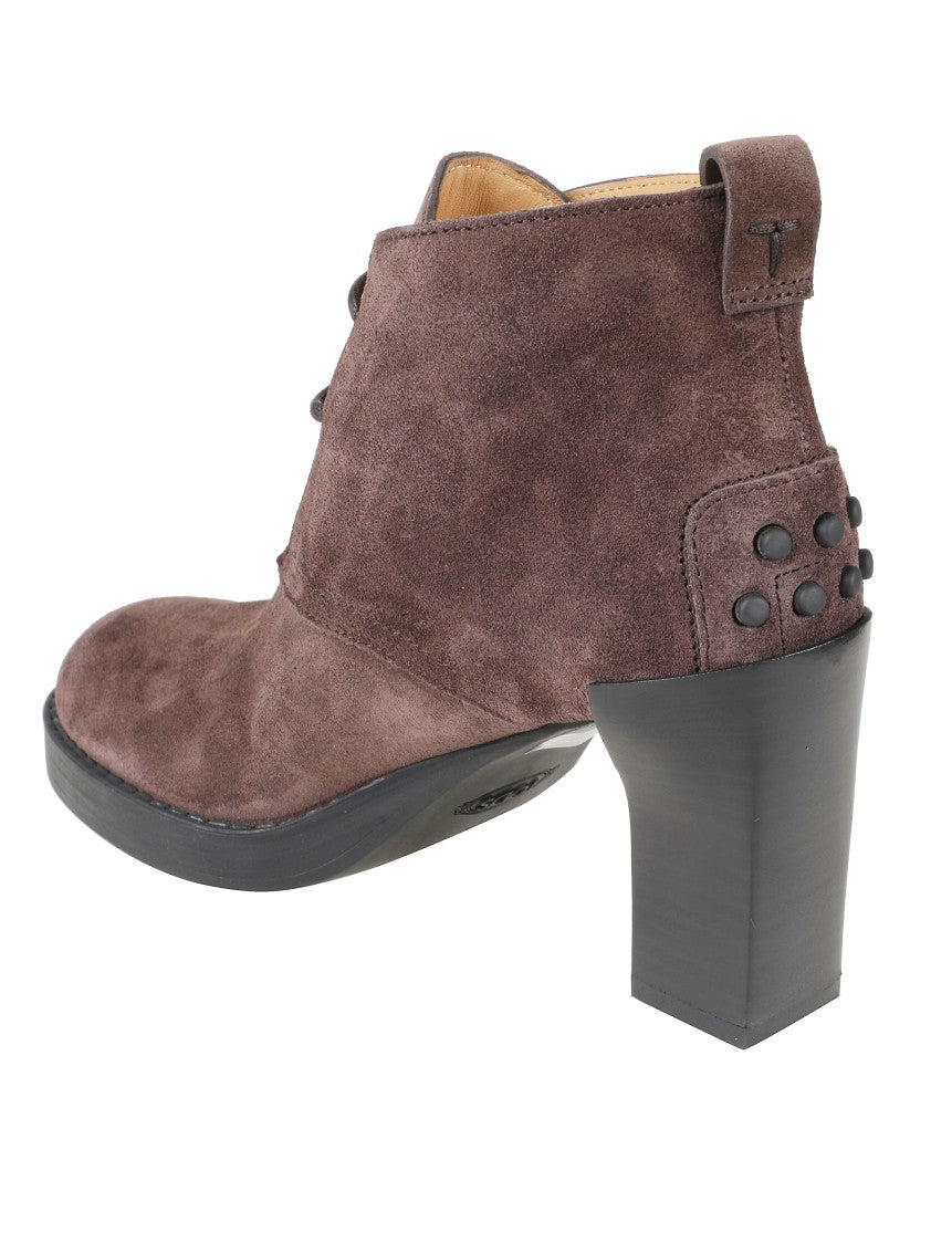 Tod's Brown Suede Ankle Boots With High Block Heel And Lace-Up Front