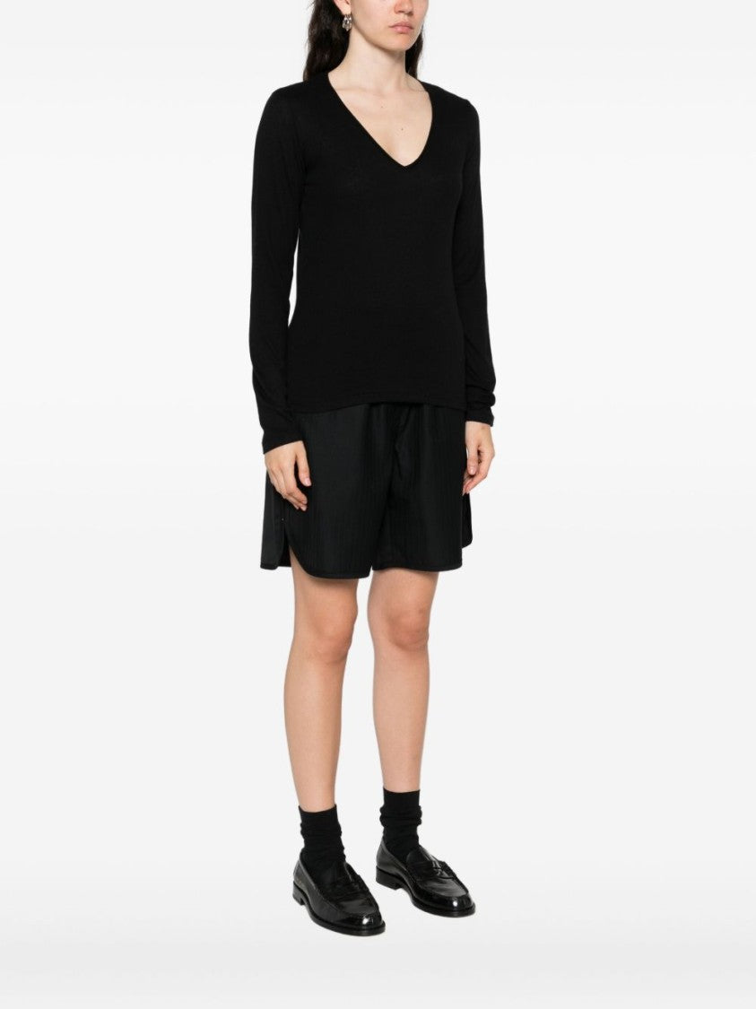 Majestic Filatures Long-Sleeved Black V-Neck Sweater In Cotton-Cashmere Blend