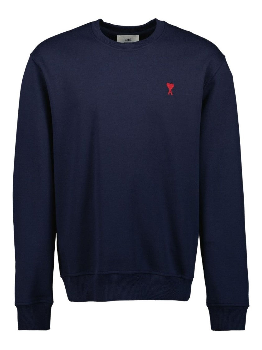 Ami Navy Blue Cotton Jersey Sweater With Signature Embroidered Motif