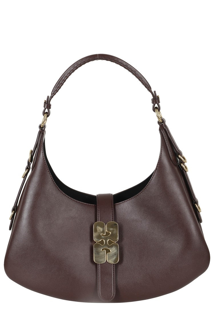 Ganni Coffee Kat Small Gold Butterfly Logo Leather Shoulder Bag