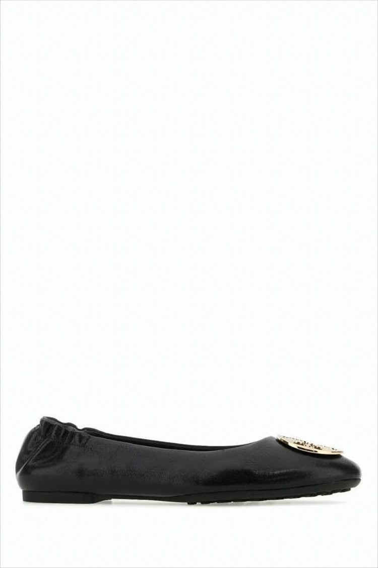 Tory Burch Glossy Black Flats With Gold-Tone Emblem