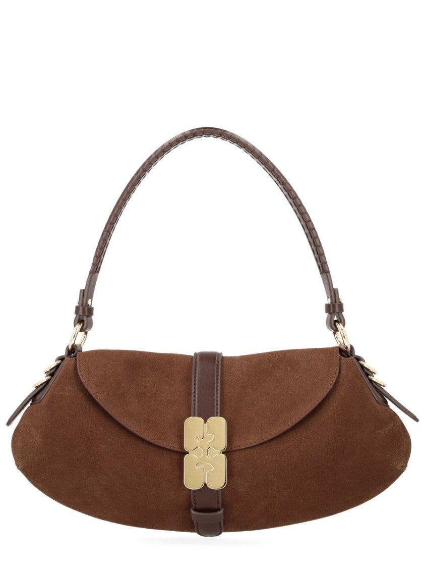 Ganni Neutral B-Kat Floral Clasp Suede Handbag