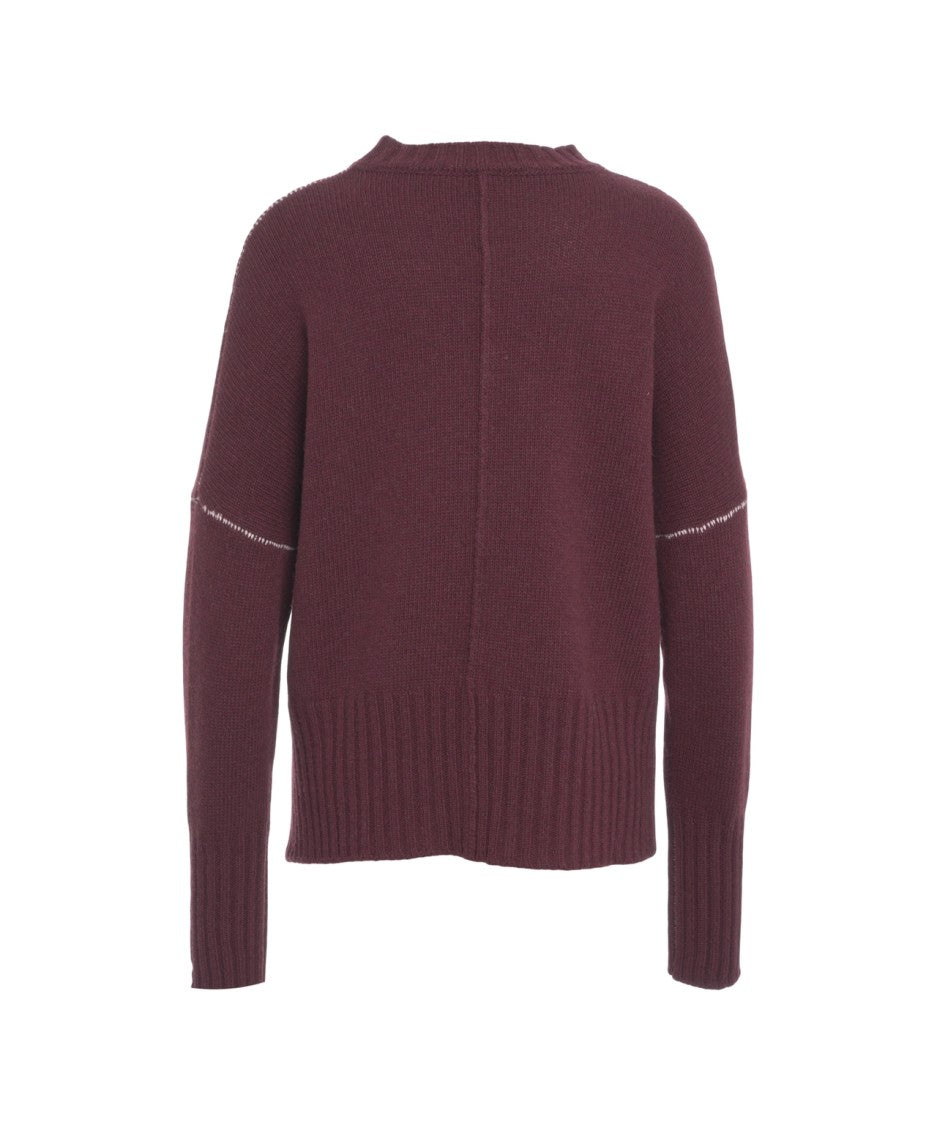 Jeio Crew Neck Burgundy Sweater With Visible Stitching And Ribbed Details