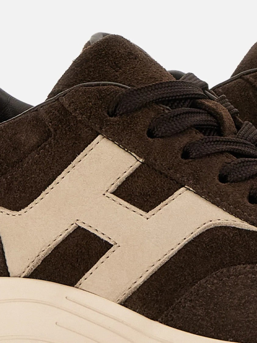 Hogan Dark Brown Suede Sneakers With Beige Logo And Cream Sole