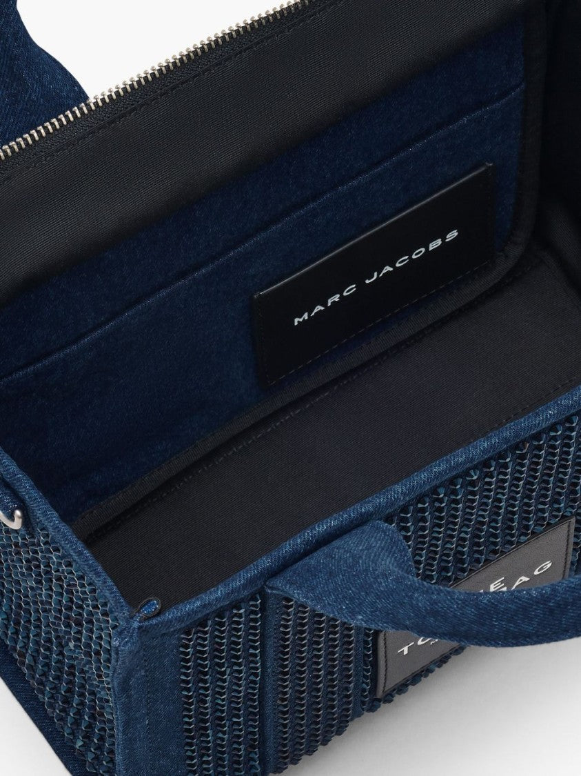 Marc Jacobs Textured Blue Cotton Tote Bag With Rhinestone Embellishments