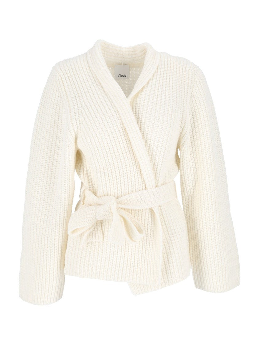Allude Grey Ribbed Knit Wrap Belted Cardigan