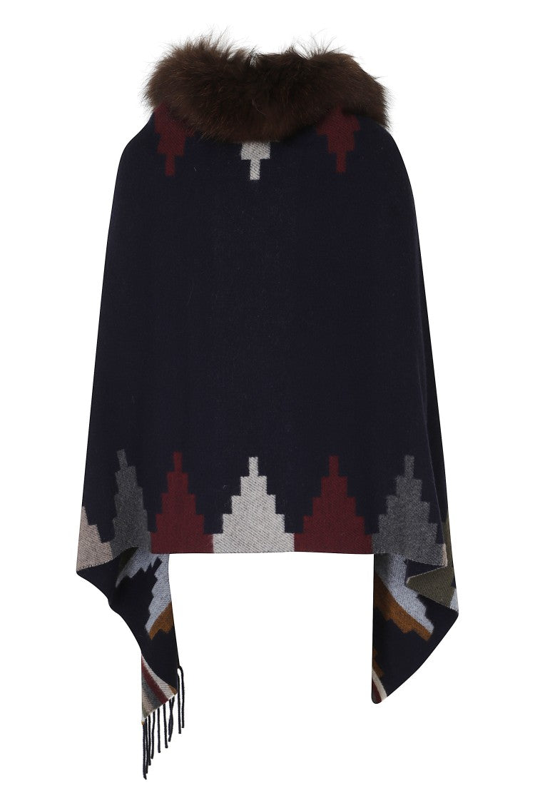 Bazar Deluxe Blue Geometric Print Faux Fur Neckline Wool Poncho