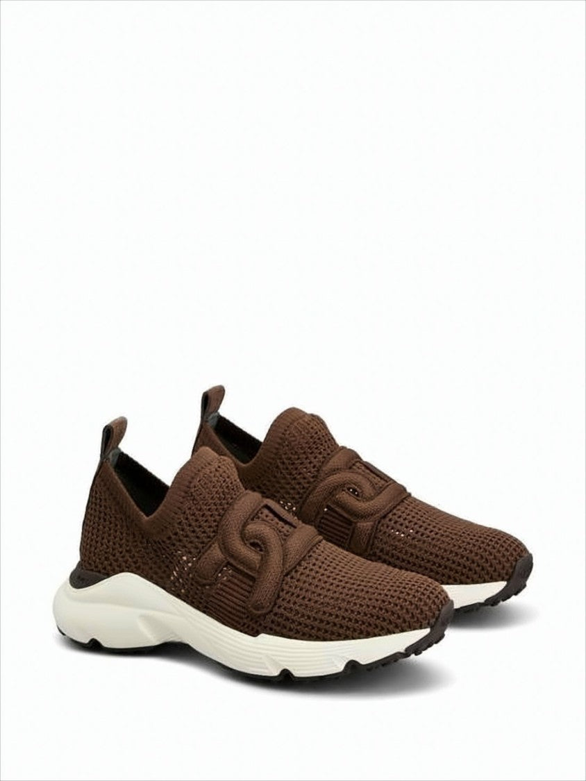 Tod's Sporty Brown Knitted Sneakers With Rubber Sole