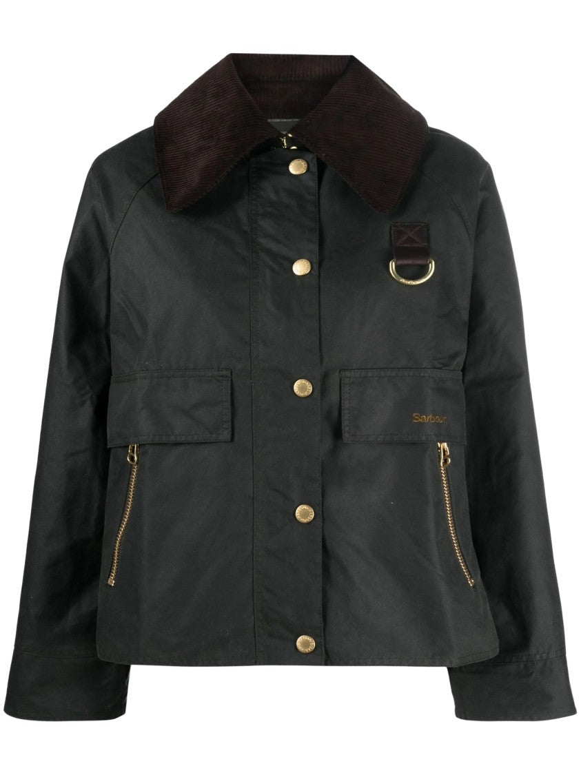 Barbour Boxy Black Embroidered Jacket With Corduroy Collar And Decorative Elements