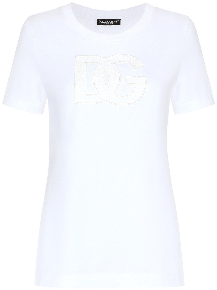 Dolce & Gabbana Fitted White Cotton Jersey Lace T-Shirt