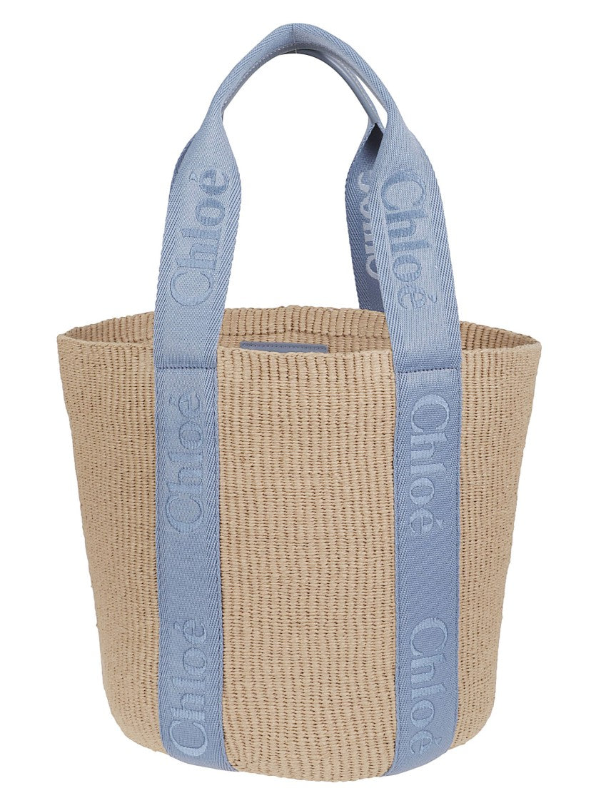 Chloé Woven Basket-Style Bag With Light Blue Handles And Embossed Branding