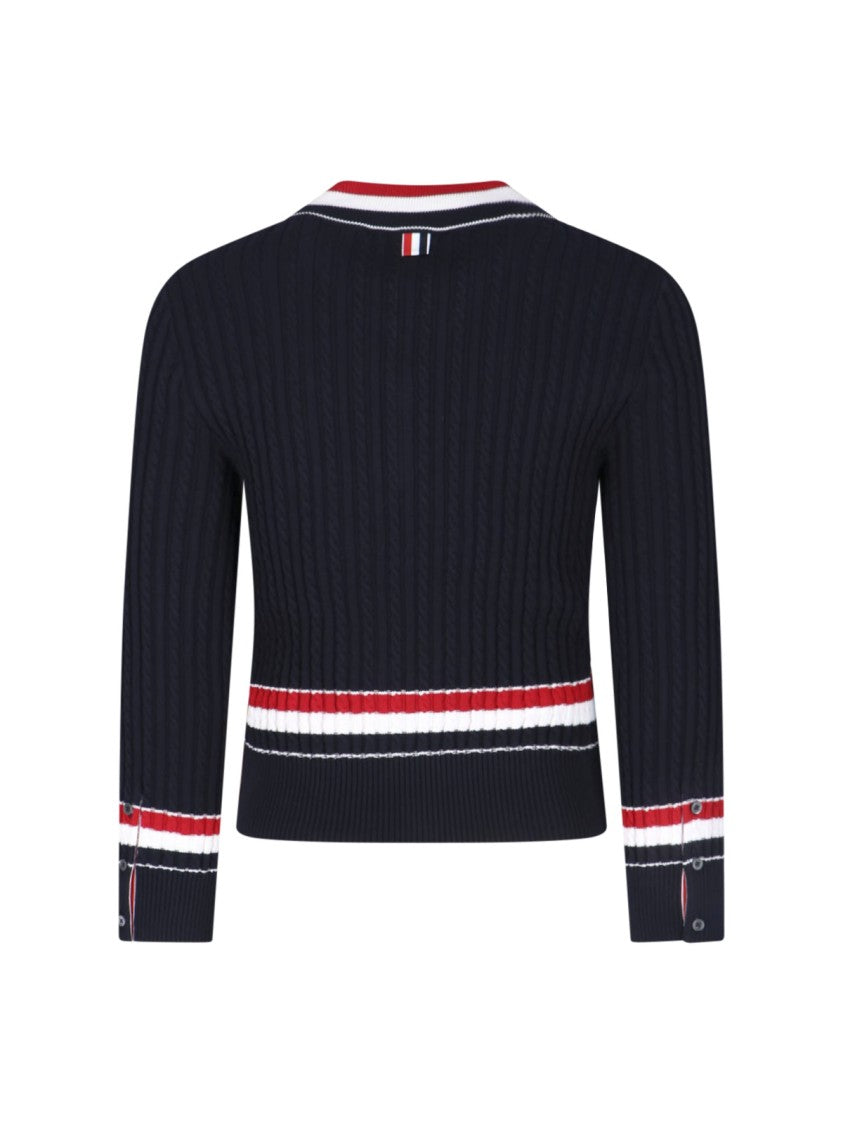Thom Browne Navy Ribbed Cotton V-Neck Sweater