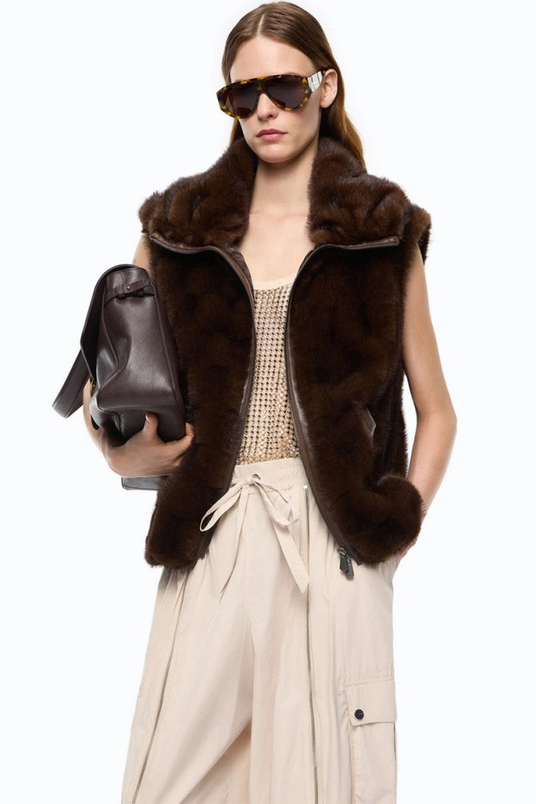 Pinko Brown Polyester Faux-Fur Zip Waistcoat