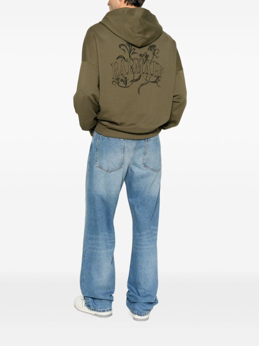 Balmain Khaki Green Cotton Jersey Hoodie With Floral Logo Print