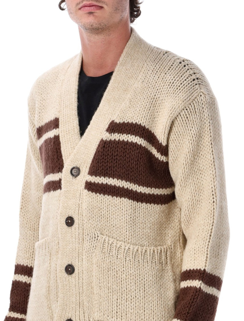 Universal Works Chunky Knit Cardigan With Contrasting Stripes And Heritage Aesthetic