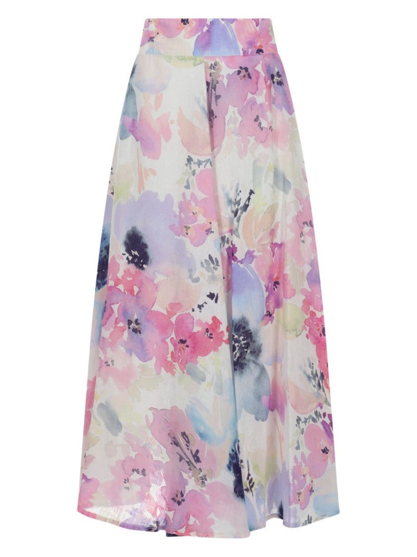 120% Lino Pastel Watercolor Floral Linen Maxi Skirt