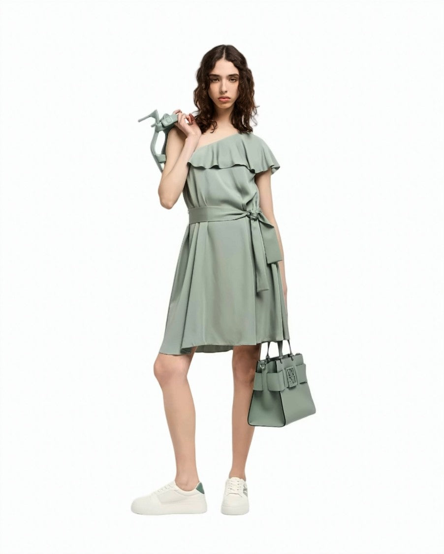 Armani Exchange Ruffled Neckline Bow Belted One-Shoulder Mini Dress