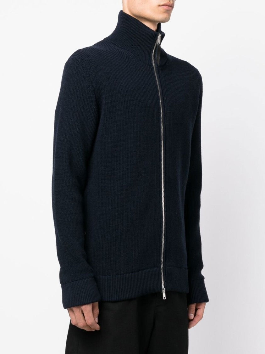 Maison Margiela Navy Blue Ribbed Cardigan With High Neck