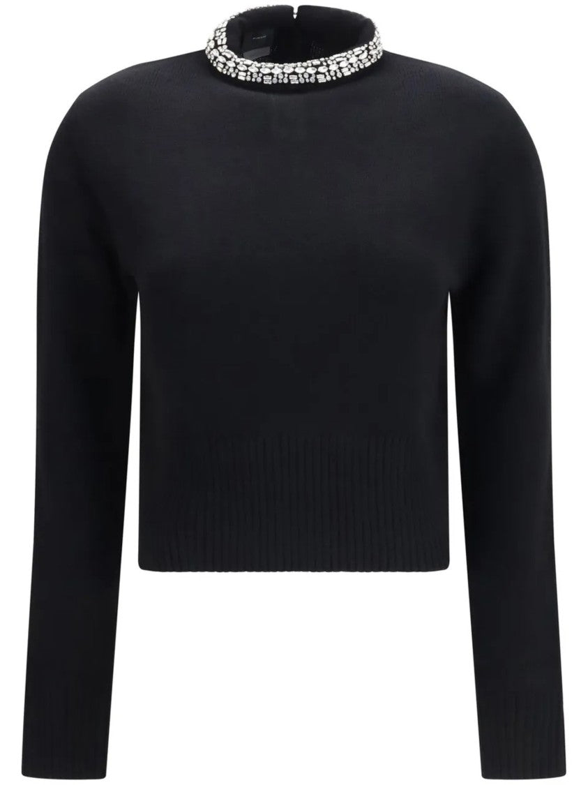 Pinko Black Cropped Wool Sweater With Embellished Neckline