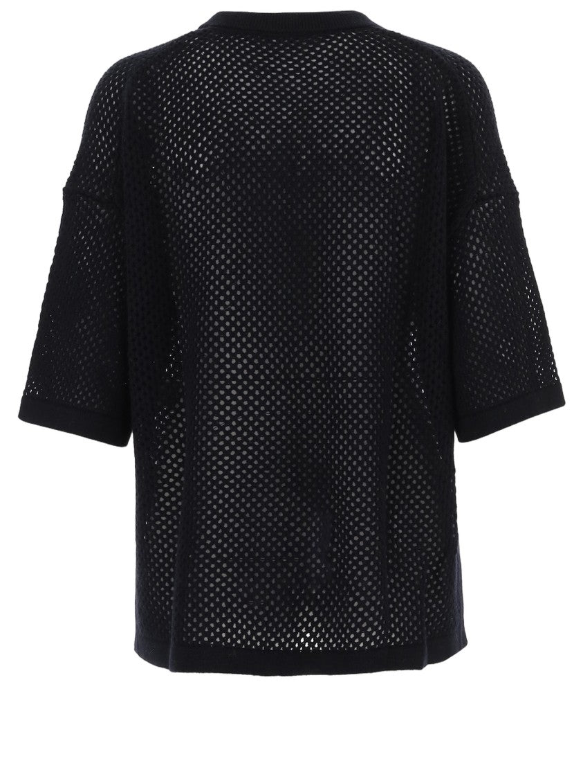 Allude Short-Sleeved Geometric Pattern Cardigan With Front Button Closure