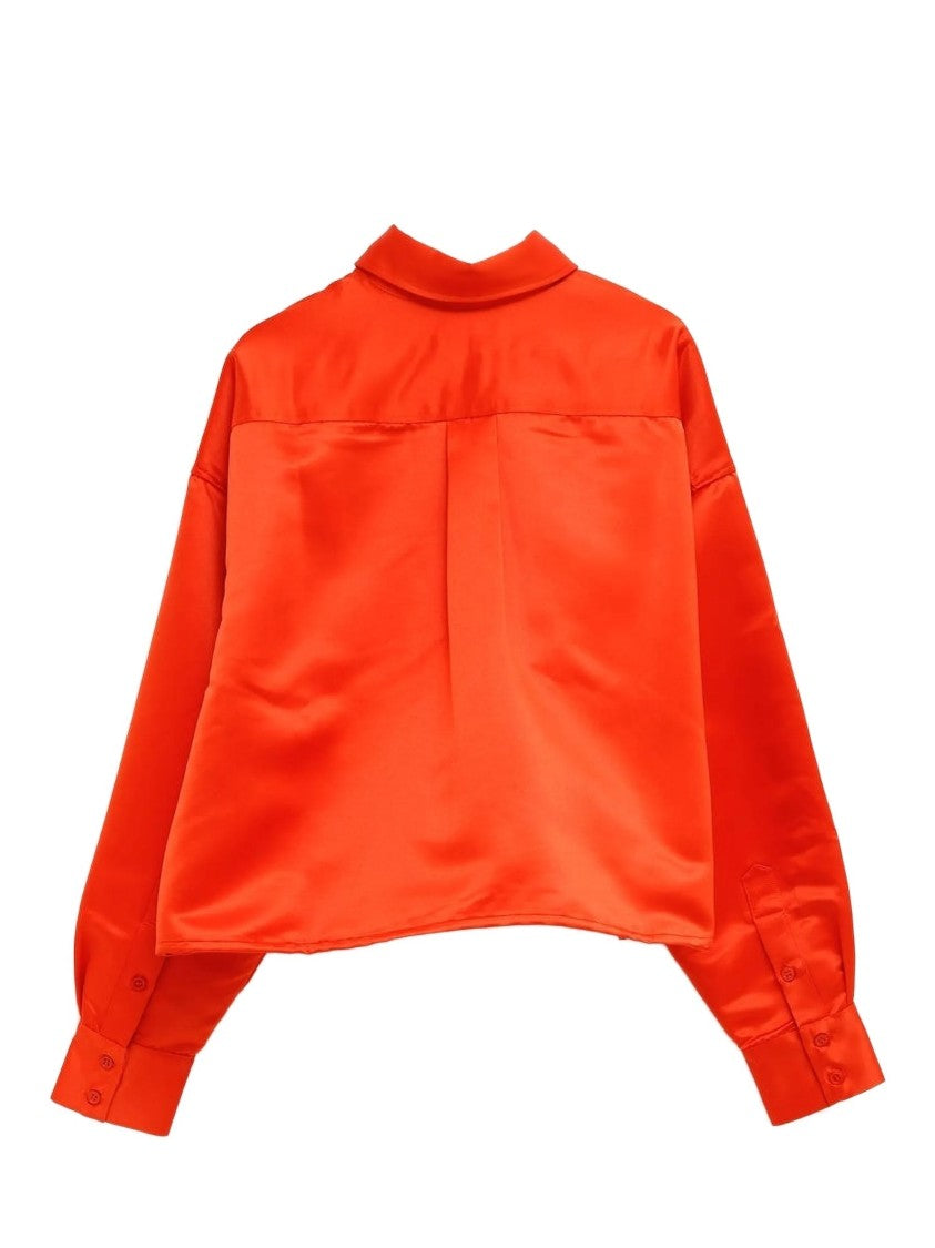 The Frankie Shop Red Cropped Curved Hem Cotton Shirt