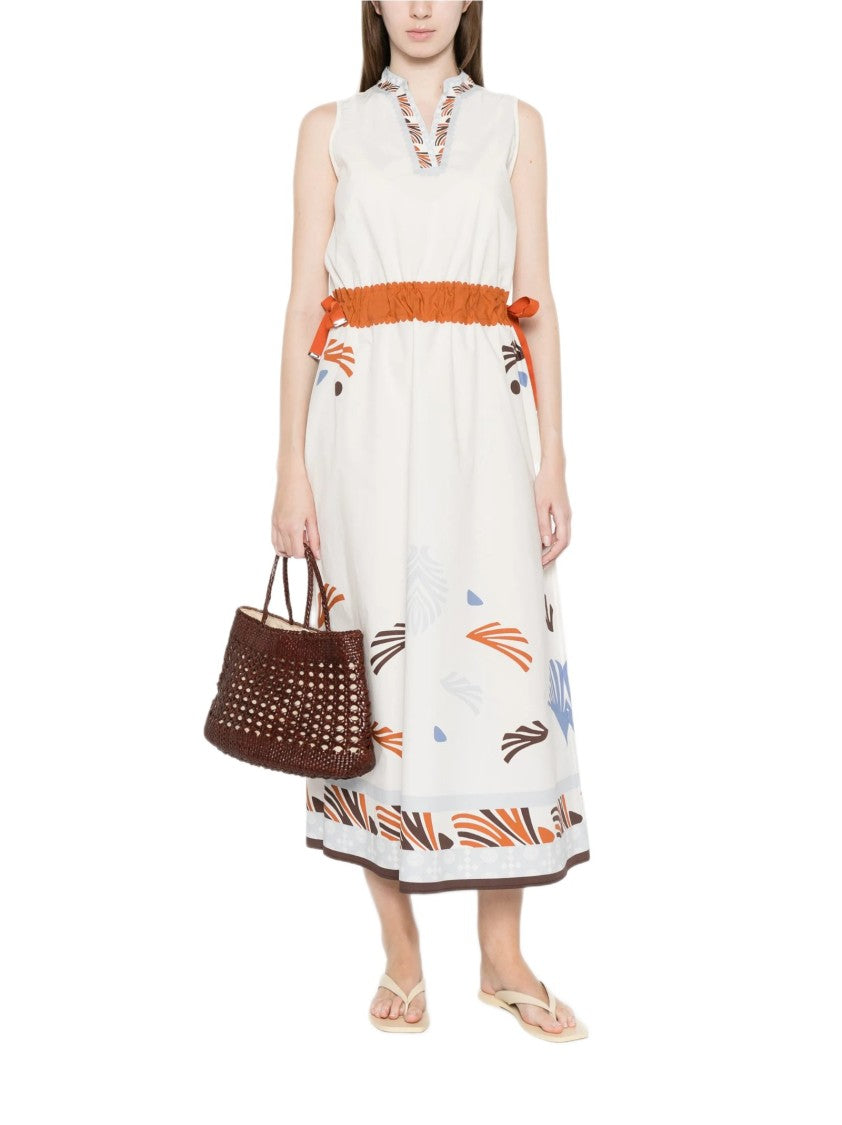 Herno Marine-Print Midi Dress With High Neckline And Drawstring Detail