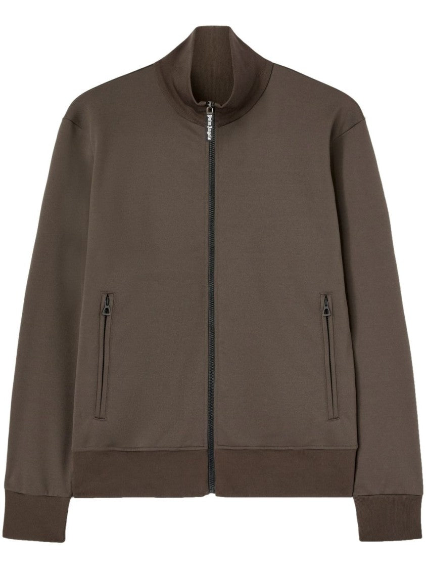 Palm Angels Chocolate Brown Jacket With Roll Neck And Logo Detail