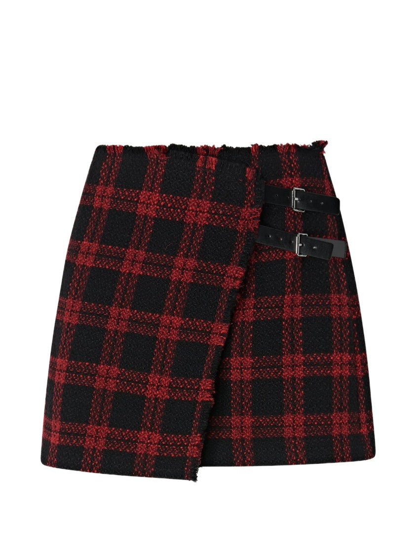 Pinko Asymmetrical Black Checkered Mini Skirt With Buckle Details