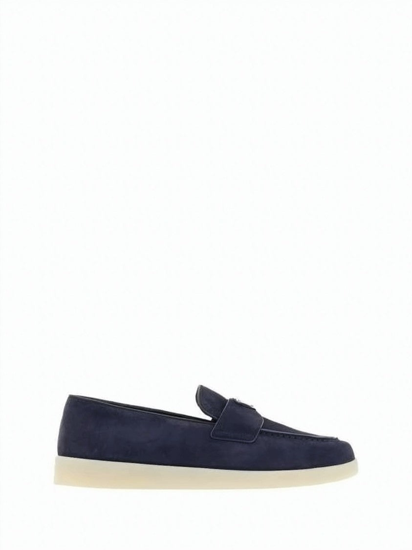 Prada Soft Suede Loafers With Contrasting Sole And Emblem Detail