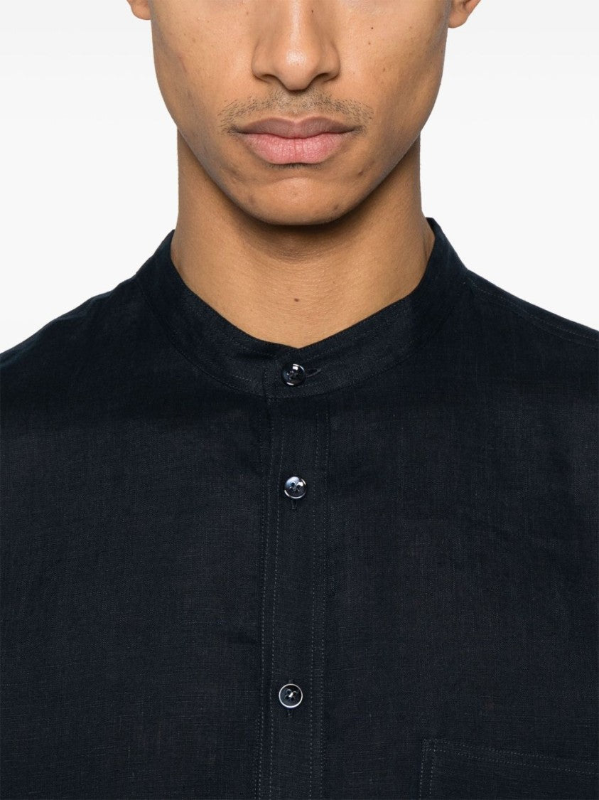 Giorgio Armani Layered Navy Blue Shirt With Band Collar And Buttoned Cuffs