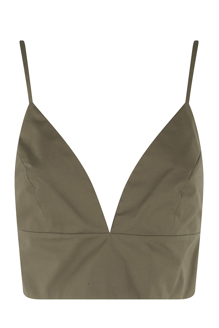 Federica Tosi Military Green Crop V-Neck Zippered Cotton Tank Top