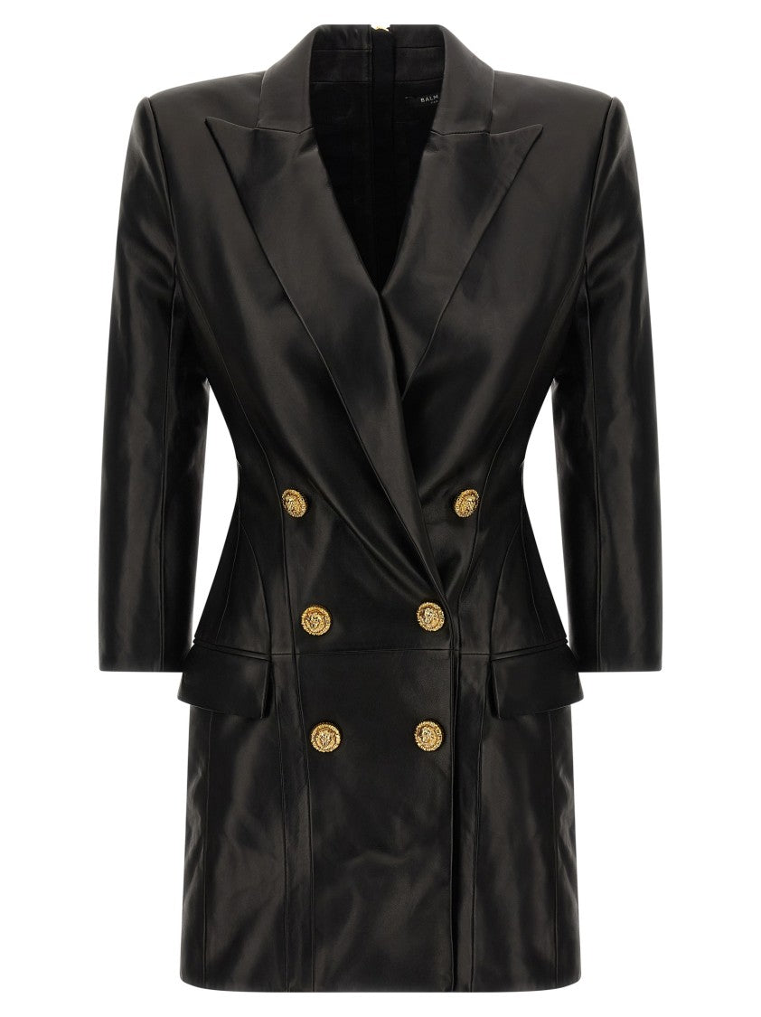 Balmain Double-Breasted Leather Mini Dress With Peak Lapels And Flap Pockets