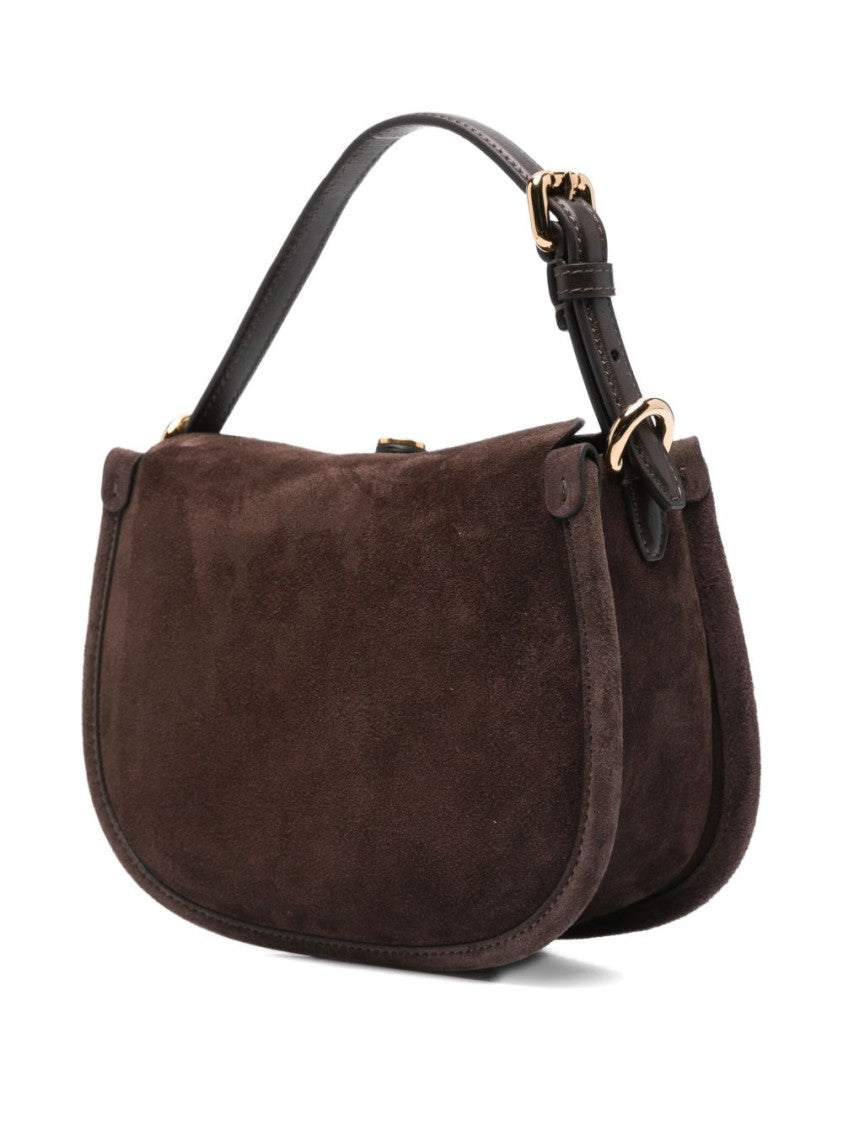 Etro Saddle-Shaped Dark Brown Suede Bag With Gold Accents