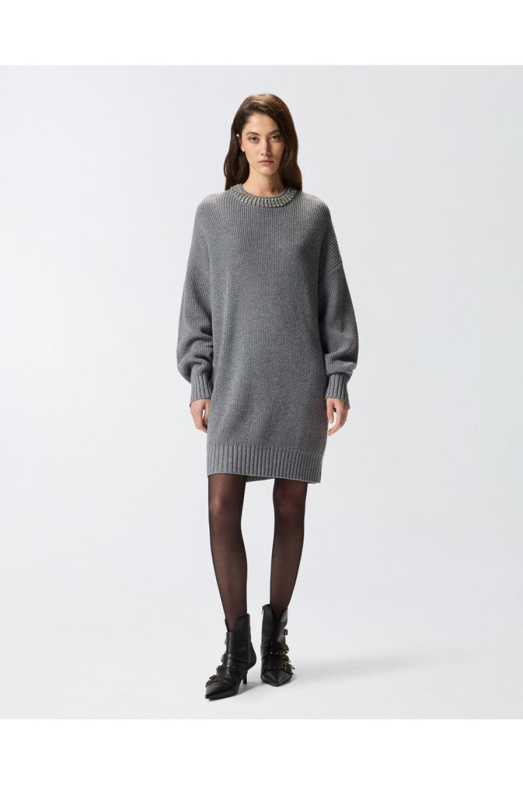 Pinko Grey Rhinestone Crewneck Ribbed Nylon-Viscose Mini Dress