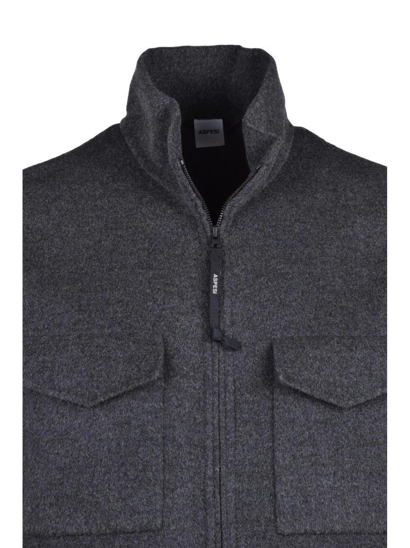 Aspesi Grey Structured High Collar Wool Jacket