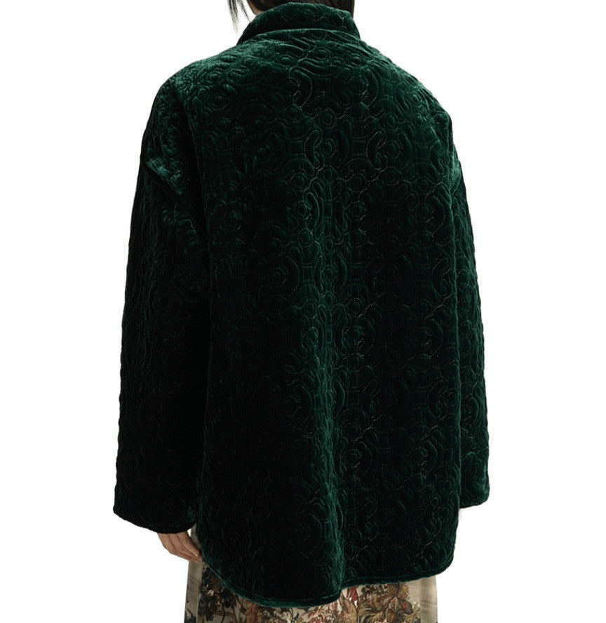 Momonì Embossed Floral Velvet Green Coat With Relaxed Fit