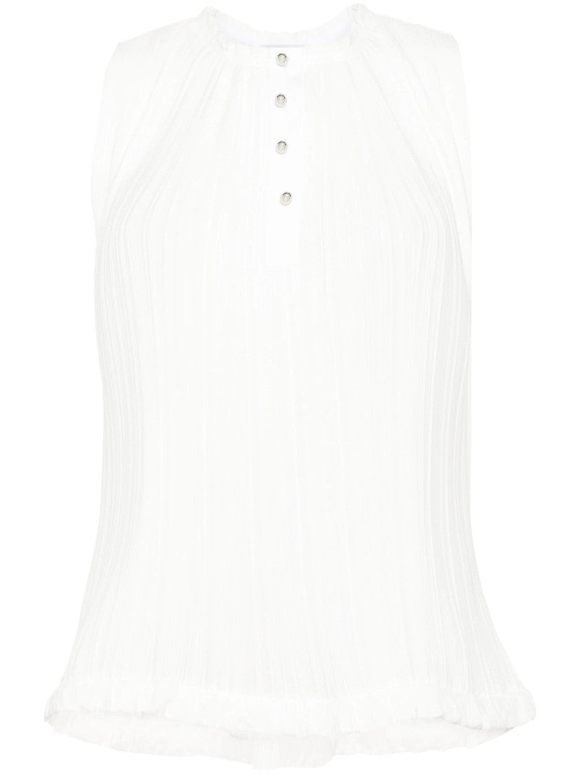 Lanvin White Sleeveless Pleated Ruffled Hem Polyester Blouse