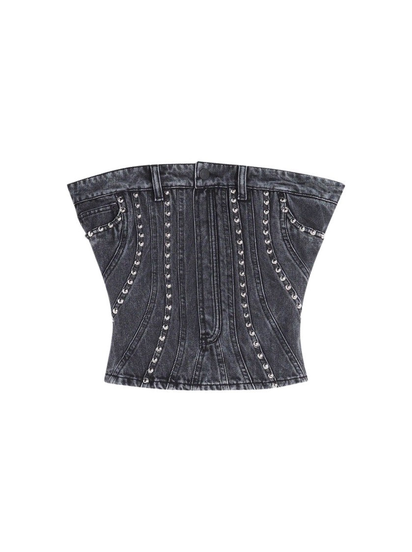 Mugler Spiral Denim Studded Bustier Top