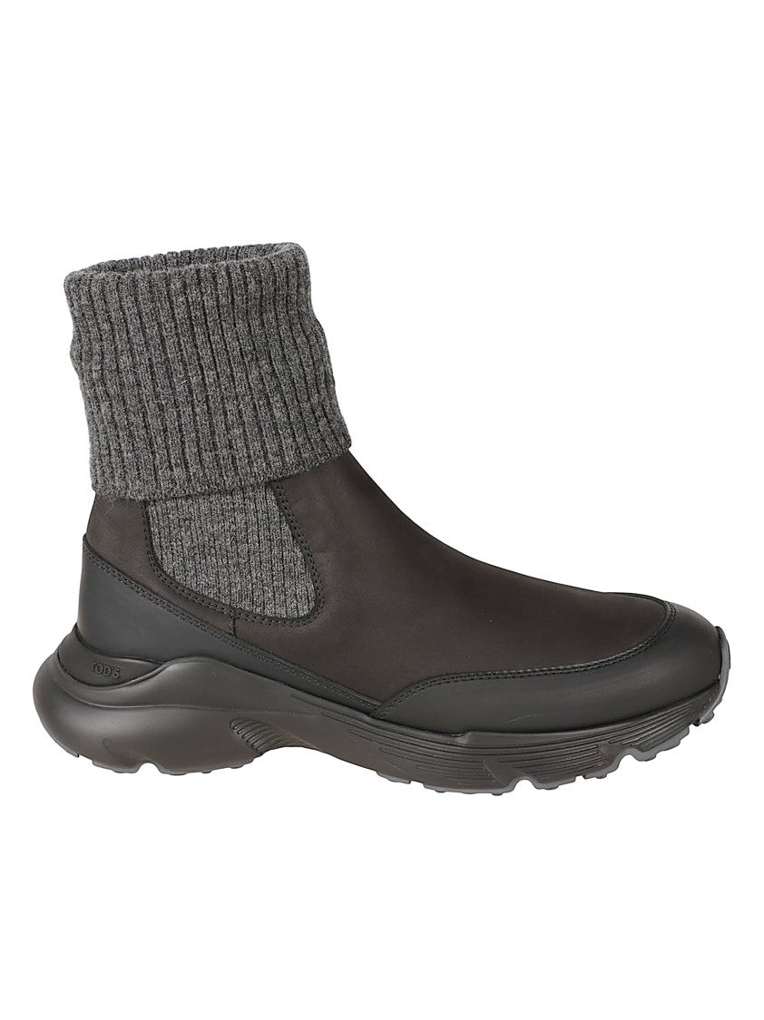 Tod's Chunky Knit Cuff Black Calfskin Boots