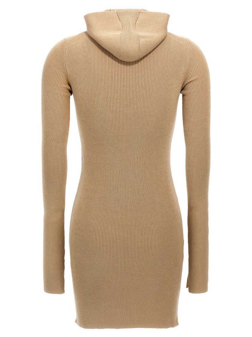 Fendi Ribbed Wool-Silk Hooded Dress With Slit Details