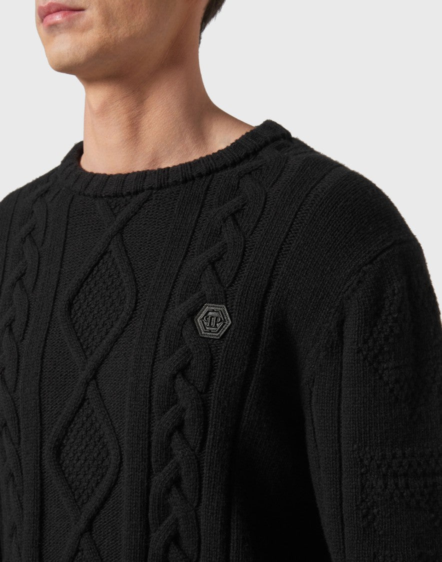Philipp Plein Black Wool Cable-Knit Logo-Patch Sweater