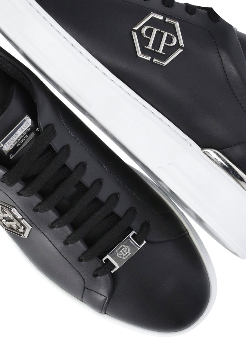 Philipp Plein Black Hexagon Metal Logo Leather Sneakers