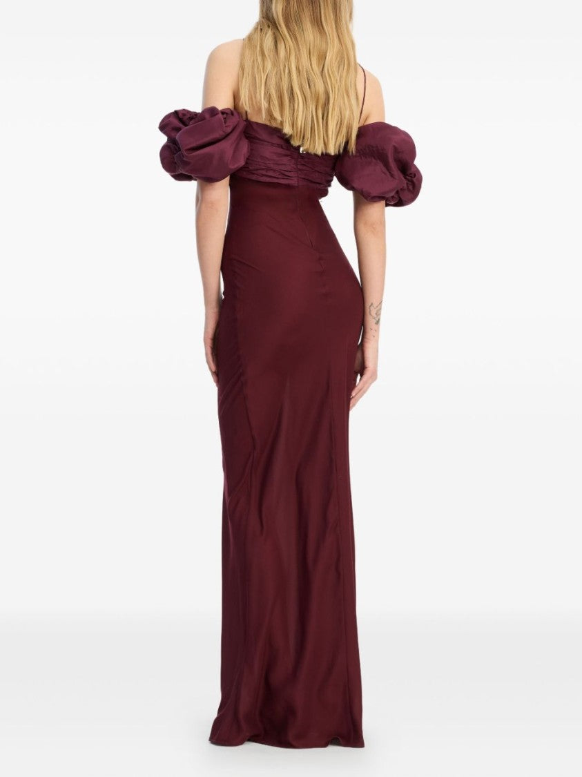 Rotate Burgundy Dress With Puffed Off-Shoulder Sleeves