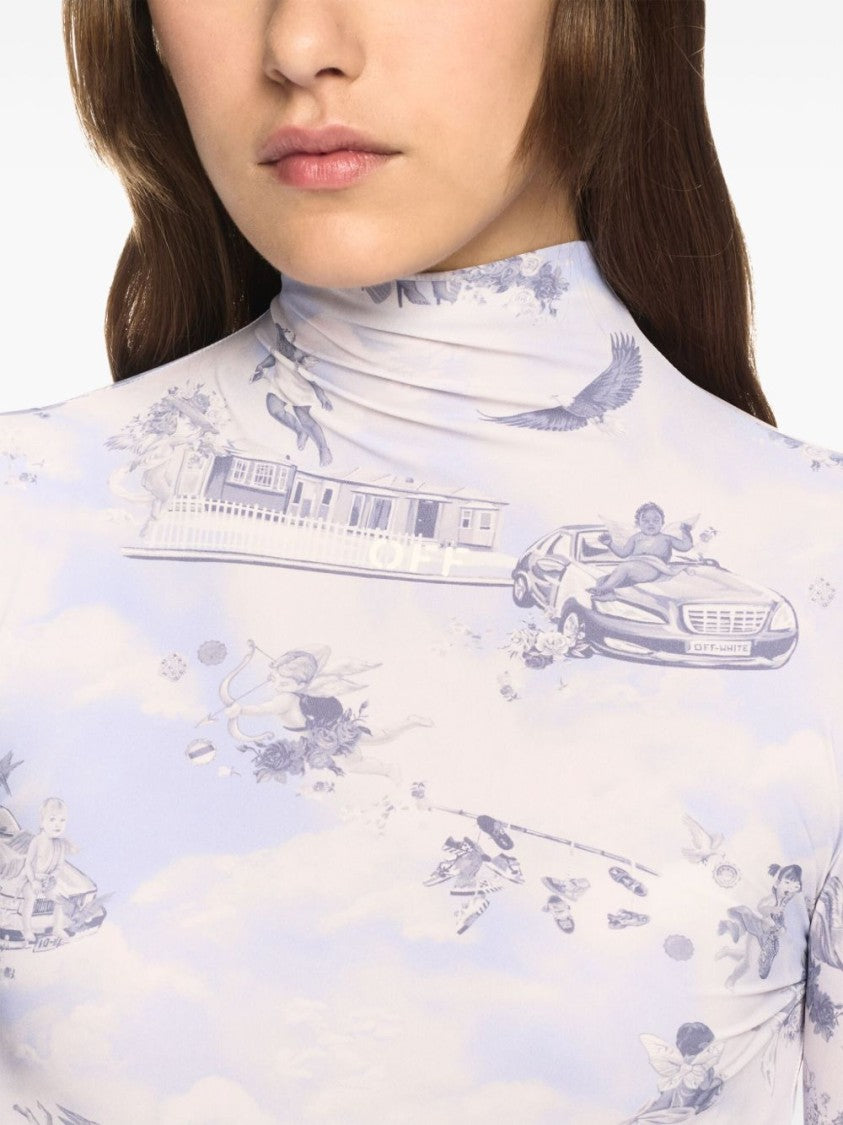 Off-White Short High-Neck Dress With Whimsical Print