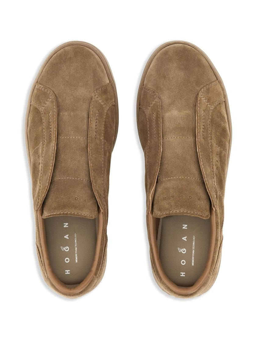 Hogan Brown Slip-On Leather Sneakers With Debossed Branding
